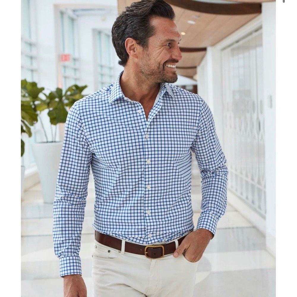 Collars & Co Mens Size Large Apex Dress Shirt Blue White Grid Check Stretch NWT